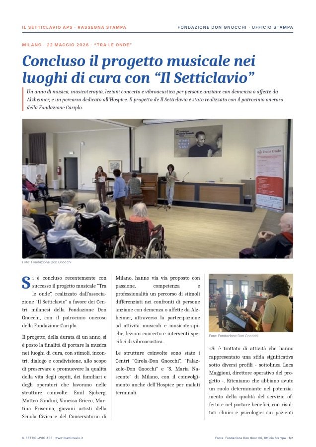 Articolo: Concluso il progetto musicale nei luoghi di cura con «Il Setticlavio»