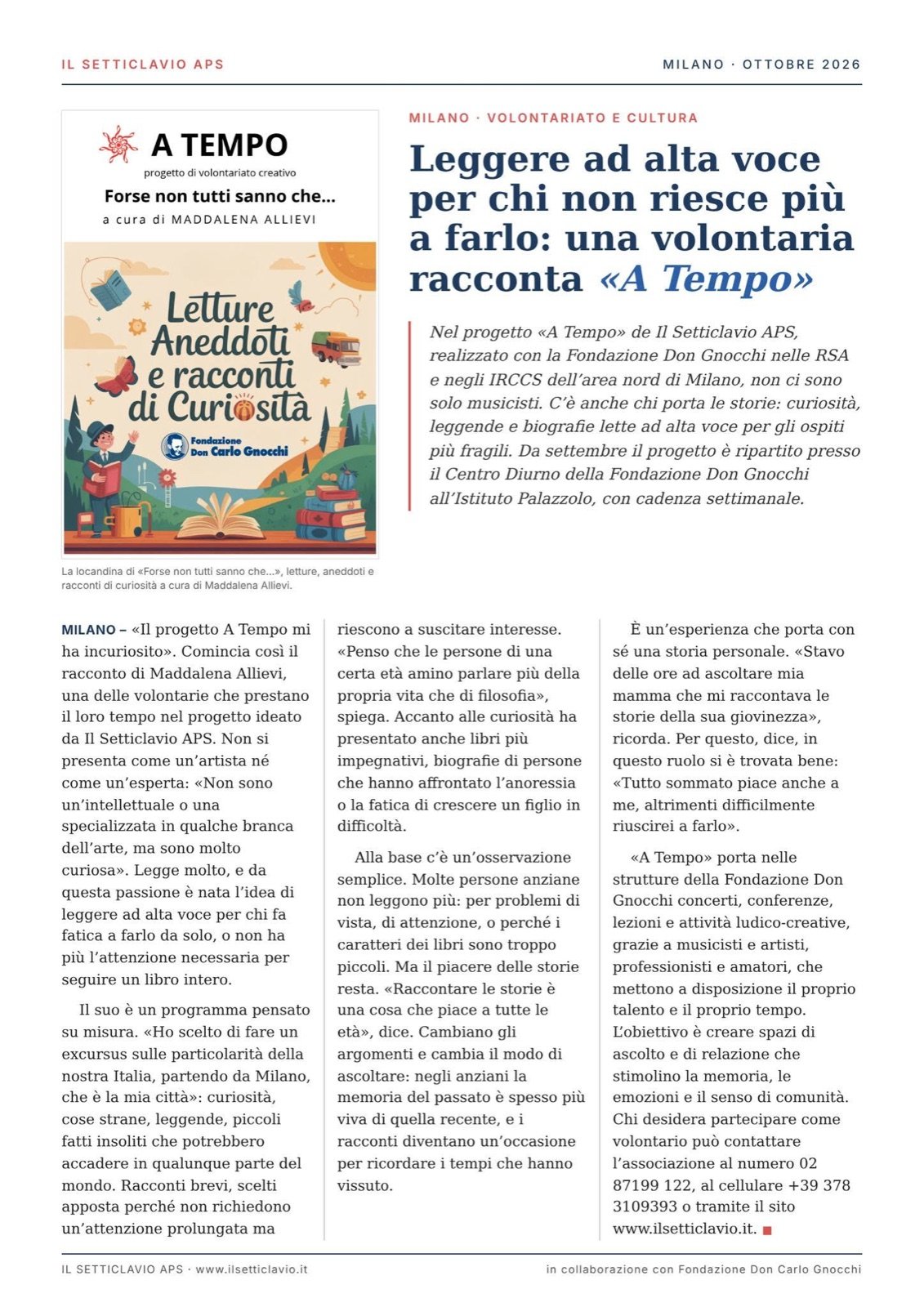 Articolo: Leggere ad alta voce per chi non riesce più a farlo: una volontaria racconta «A Tempo»