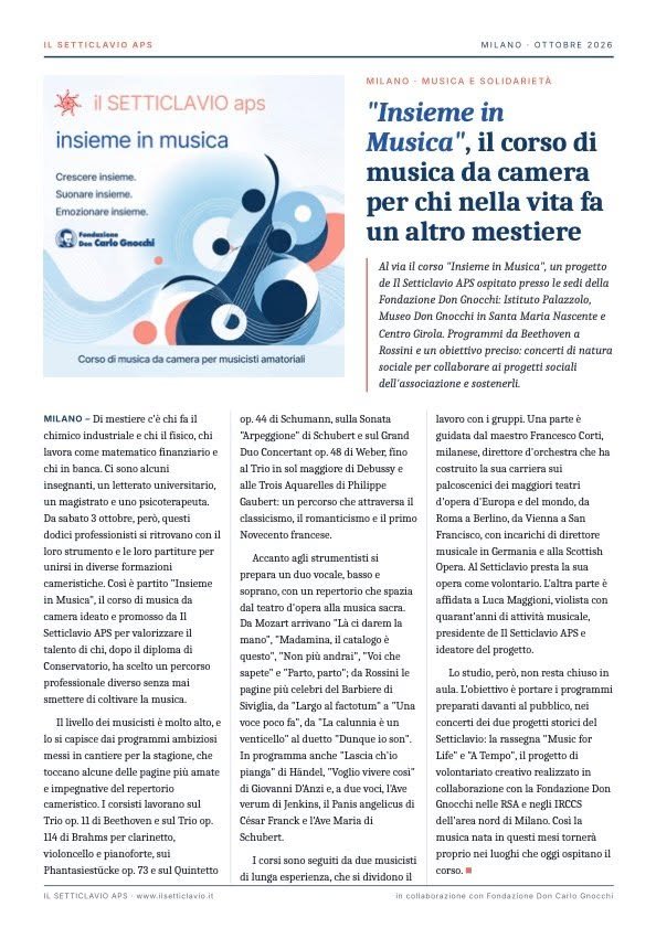 Articolo: «Insieme in Musica», il corso di musica da camera per chi nella vita fa un altro mestiere