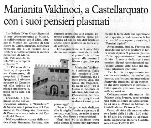 Articolo: Marianita Valdinoci, a Castellarquato con i suoi pensieri plasmati